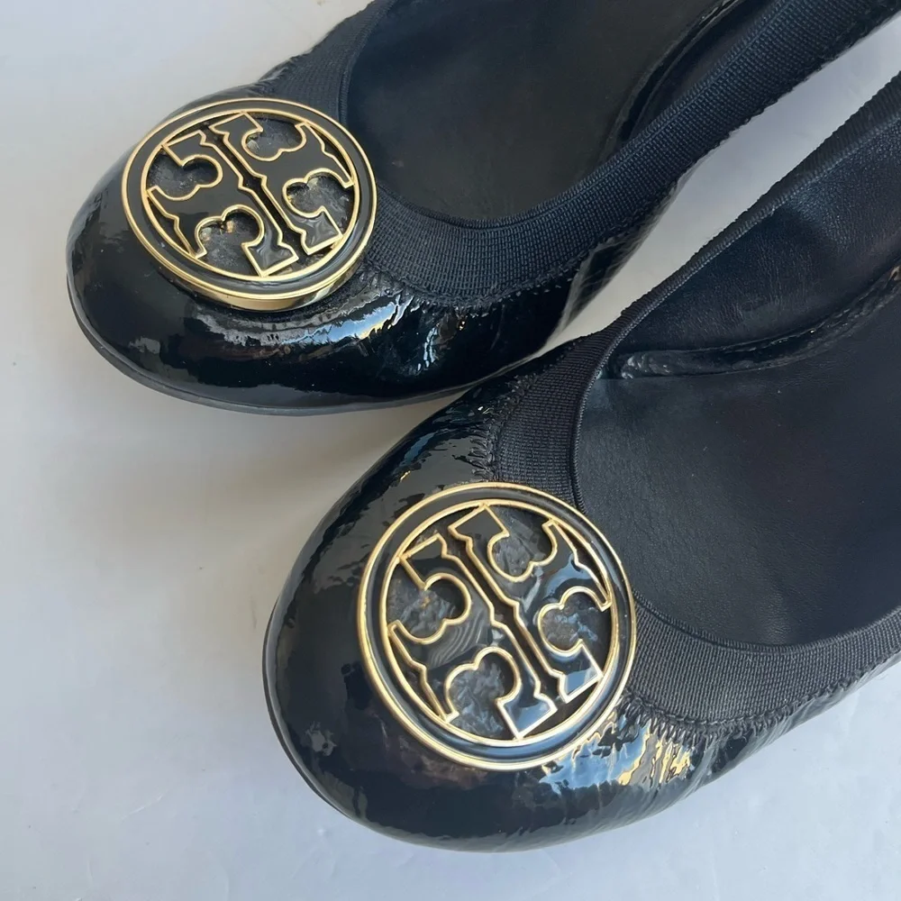Tory Burch Caroline Black Patent Leather Wedges Size 9 Medium